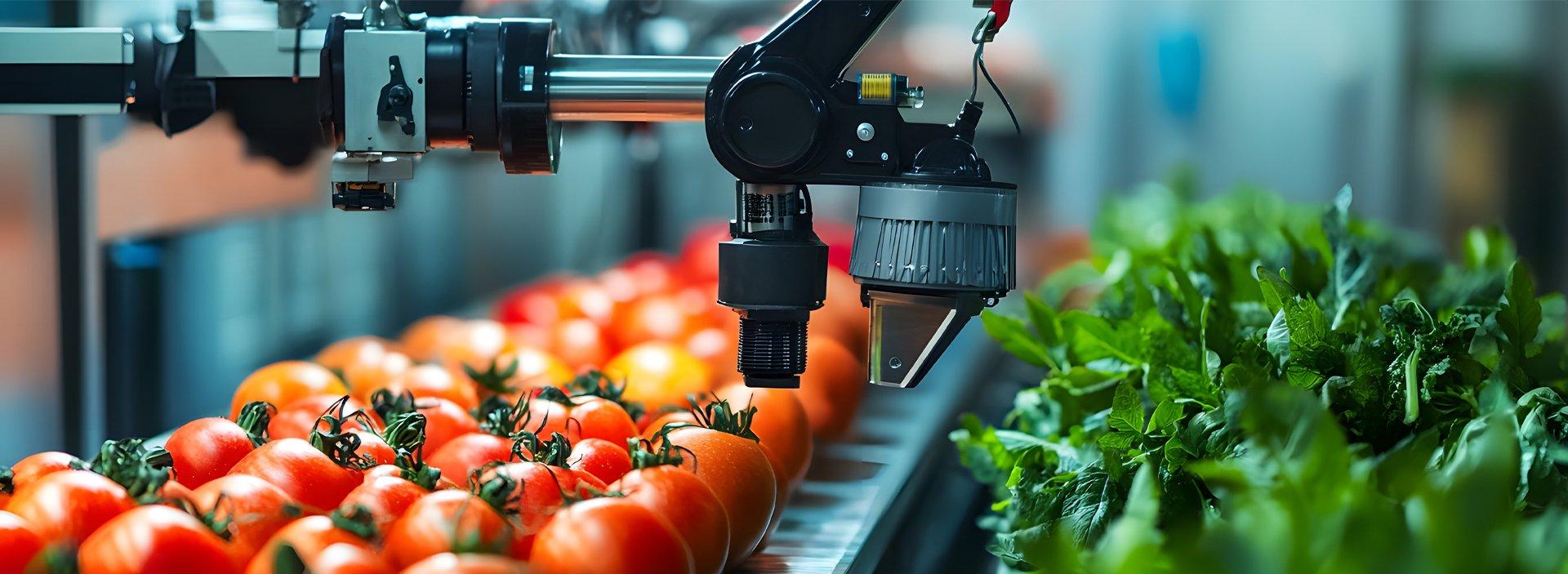 A robotic vision arm inspecting tomatoes on a grading line beside fresh greens