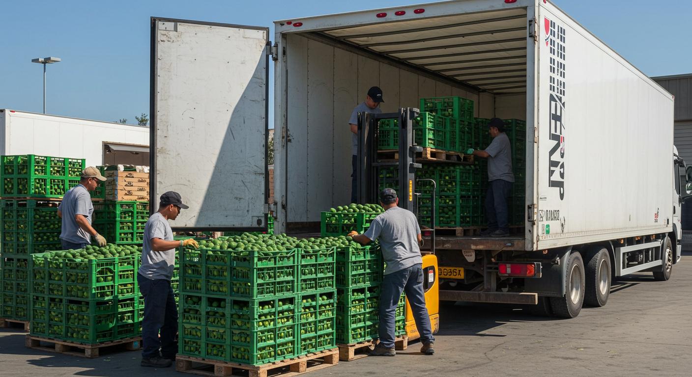Workers loading crates of produce onto a long-haul truck at a depot