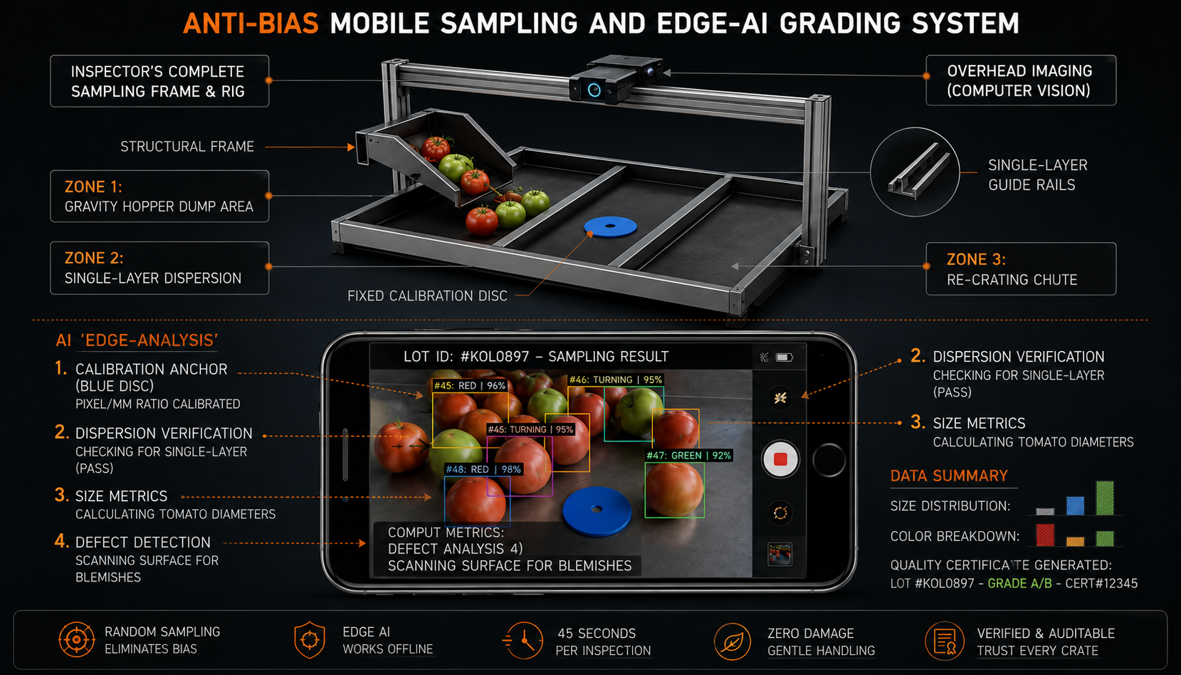Anatomy of the anti-bias mobile sampling and edge-AI grading system: structural frame, gravity hopper dump zone, single-layer dispersion, fixed calibration disc, re-crating chute, and the on-device AI edge-analysis pipeline reading colour, size and defects